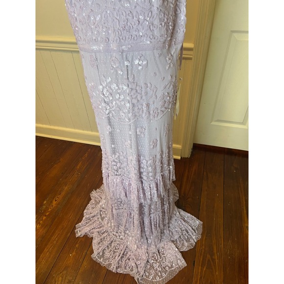 Mac Duggal 9195 Lavender Sequin Floral Lace Tiered Gown Ruffle Capelet Maxi - Picture 8 of 16